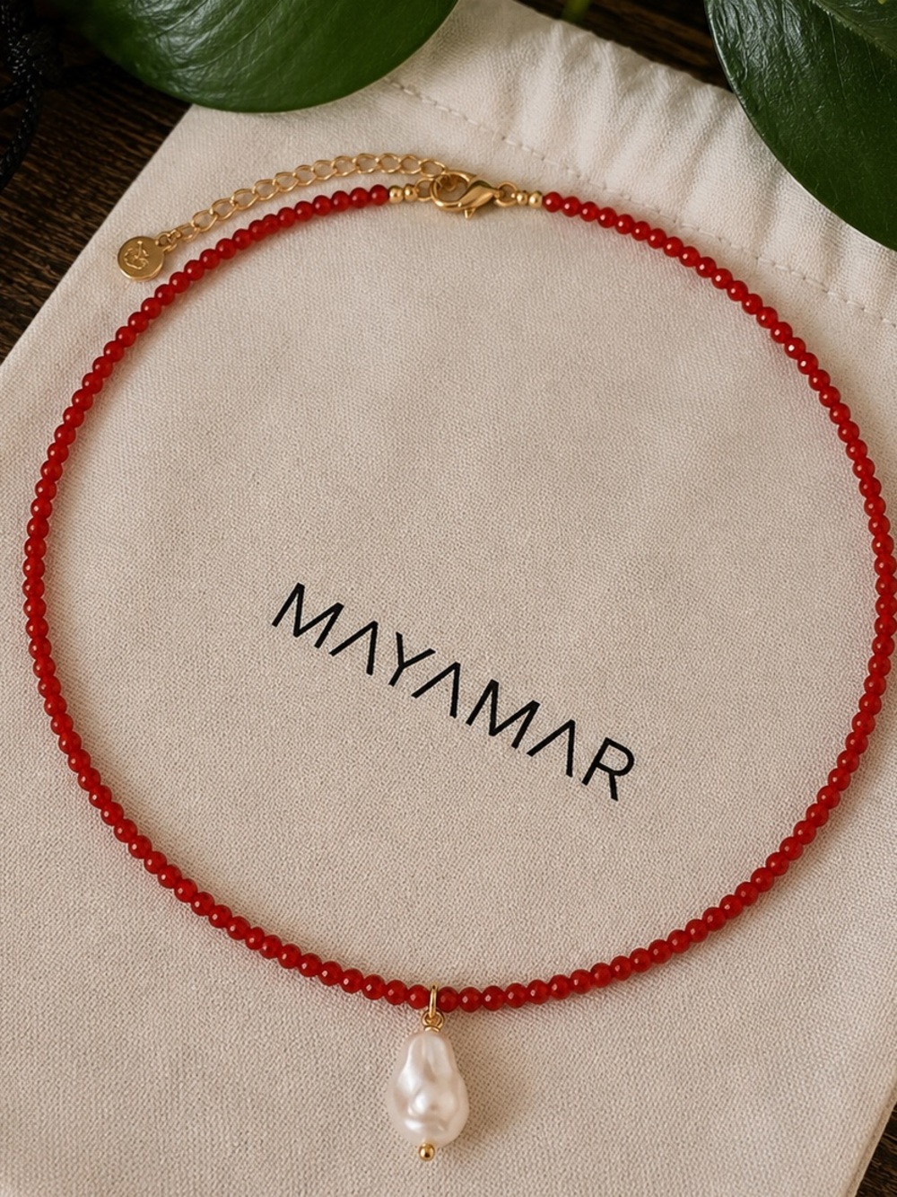 New mayamar  Red agate Beaded Necklace with Baroque Pearl